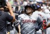 Cleveland Guardians' Bo Naylor celebrates after hitting a solo home run against the Detroit Tigers during the third inning of a baseball game Thursday, July 11, 2024, in Detroit. (AP Photo/Duane Burleson)