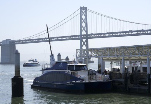 The MV Sea Change, a hydrogen-powered ferry, is docked at the San Francisco ferry terminal Friday, July 12, 2024, in San Francisco. The zero-emission vessel will begin offering free rides to the public between the Ferry Building and Fisherman's Wharf on July 19. (AP Photo/Terry Chea)