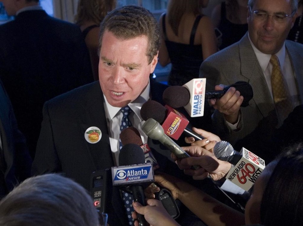 FILE - John Oxendine talks to reporters about his unsuccessful Republican bid for governor, July 20, 2010, in Atlanta. Oxendine, a former state insurance commissioner, was sentenced to three and a half years in prison on Friday, July 12, 2024, in federal court in Atlanta after pleading guilty in March 2024 to health care fraud in a kickback scheme. (AP Photo/John Amis, File)
