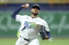 Tampa Bay Rays starting pitcher Taj Bradley throws against the Cleveland Guardians during the first inning of a baseball game Friday, July 12, 2024, in St. Petersburg, Fla. (AP Photo/Mike Carlson)