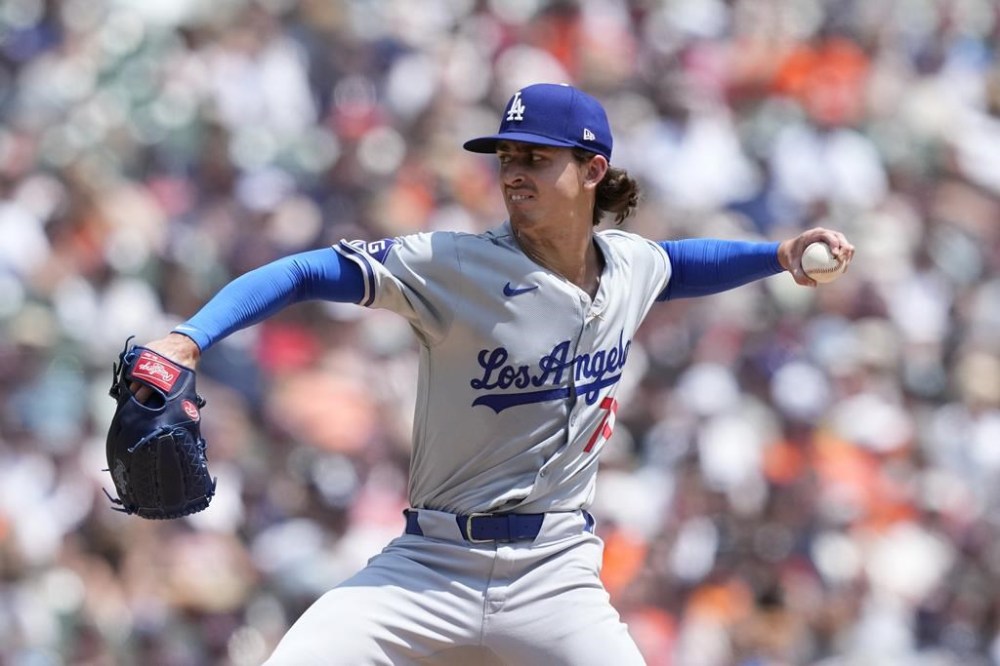 Los Angeles Dodgers starting pitcher Justin Wrobleski throws during the second inning of a baseball game against the Detroit Tigers, Saturday, July 13, 2024, in Detroit. (AP Photo/Carlos Osorio)