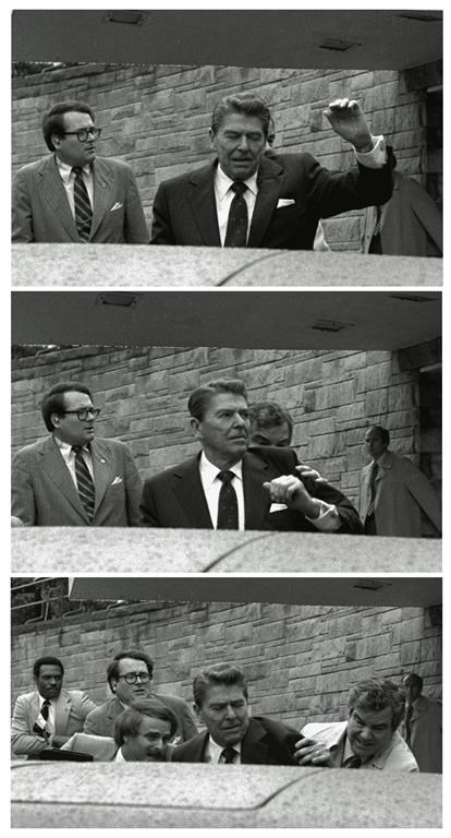 FILE - In this Monday, March 30, 1981 combination file photos, President Reagan waves, then looks up before being shoved into Presidential limousine by Secret Service agents after being shot outside a Washington hotel. (AP Photo/Ron Edmonds, File)