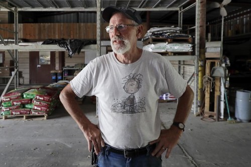 Chuck Ridder, owner of Knox Drive Farm and Feed, talks inside his feed store warehouse about the impact of hurricane Beryl on him, his feed store and customers Friday, July 12, 2024, in Porter, Texas. Ridder moved all his hay and feed onto stacked pallets to elevate it out of the flood waters caused by the hurricane. Ridder has always been a proponent of community banding together during hard times and has expanded bartering and extending credit for his customers as they all work to recover from Beryl. (AP Photo/Michael Wyke)