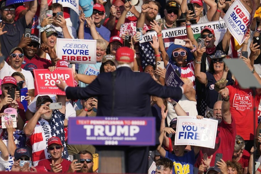 Republican presidential candidate former President Donald Trump addresses the crowd at a campaign event in Butler, Pa., on Saturday, July 13, 2024. (AP Photo/Gene J. Puskar)
