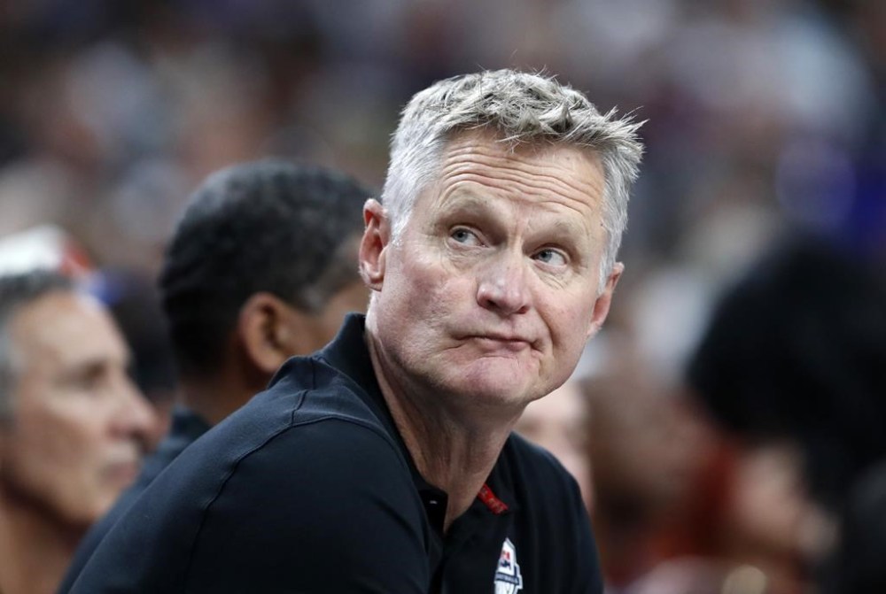 United States head coach Steve Kerr watches during the first half of an exhibition basketball game between the United States and Canada, Wednesday, July 10, 2024, in Las Vegas. (AP Photo/Steve Marcus)