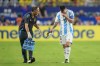 Argentina's Lionel Messi walks off the field injured during the Copa America final soccer match against Colombia in Miami Gardens, Fla., Sunday, July 14, 2024. (AP Photo/Julio Cortez)