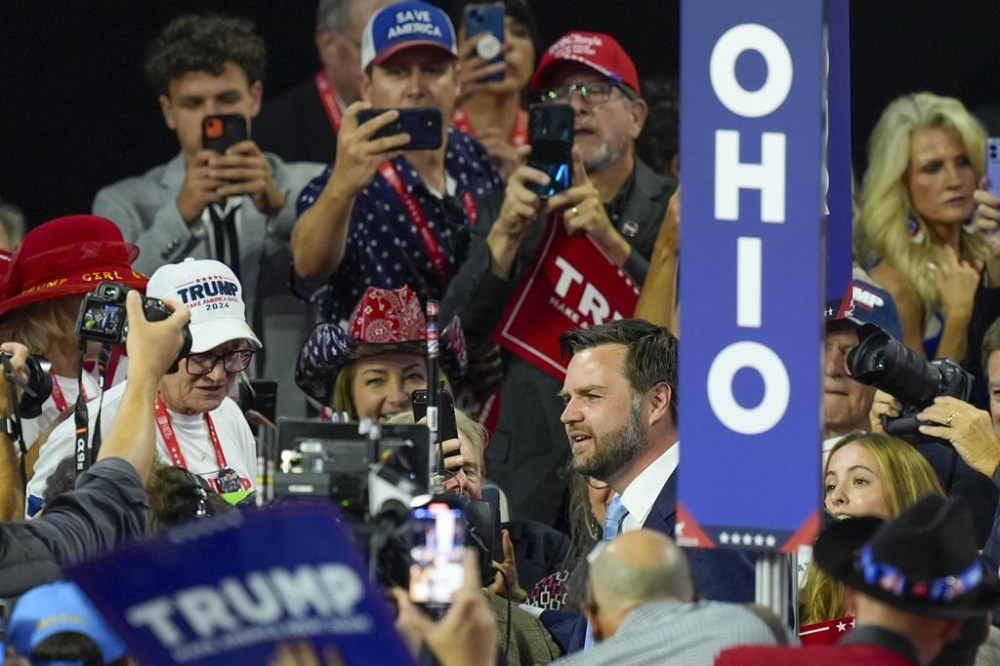 Republican vice presidential candidate Sen. JD Vance, R-Ohio, is introduced during the first day of the Republican National Convention on Monday, July 15, 2024, in Milwaukee. (AP Photo/J. Scott Applewhite)