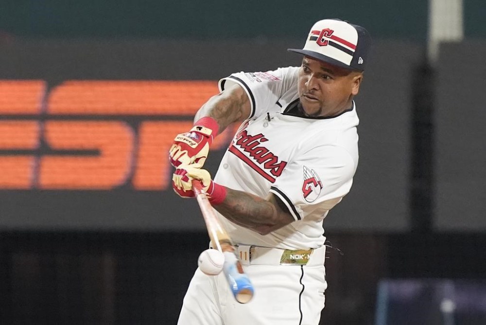 CORRECTS TEAM TO GUARDIANS NOT INDIANS - American League's Jose Ramirez, of the Cleveland Guardians, connects during the MLB baseball All-Star Home Run Derby, Monday, July 15, 2024, in Arlington, Texas. (AP Photo/LM Otero)