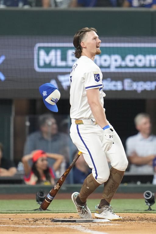 American League's Bobby Witt Jr., of the Kansas City Royals, swings during the MLB baseball All-Star Home Run Derby, Monday, July 15, 2024, in Arlington, Texas. (AP Photo/Julio Cortez)