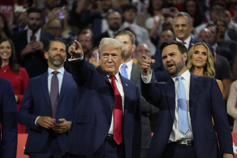 Republican presidential candidate former President Donald Trump appears with nice presidential candidate JD Vance, R-Ohio, during the Republican National Convention Monday, July 15, 2024, in Milwaukee. (AP Photo/Paul Sancya)