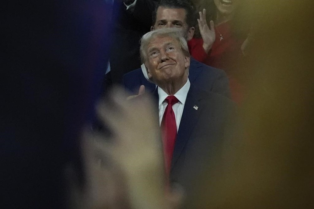 Republican presidential candidate former President Donald Trump appears during the Republican National Convention Monday, July 15, 2024, in Milwaukee. (AP Photo/Julia Nikhinson)
