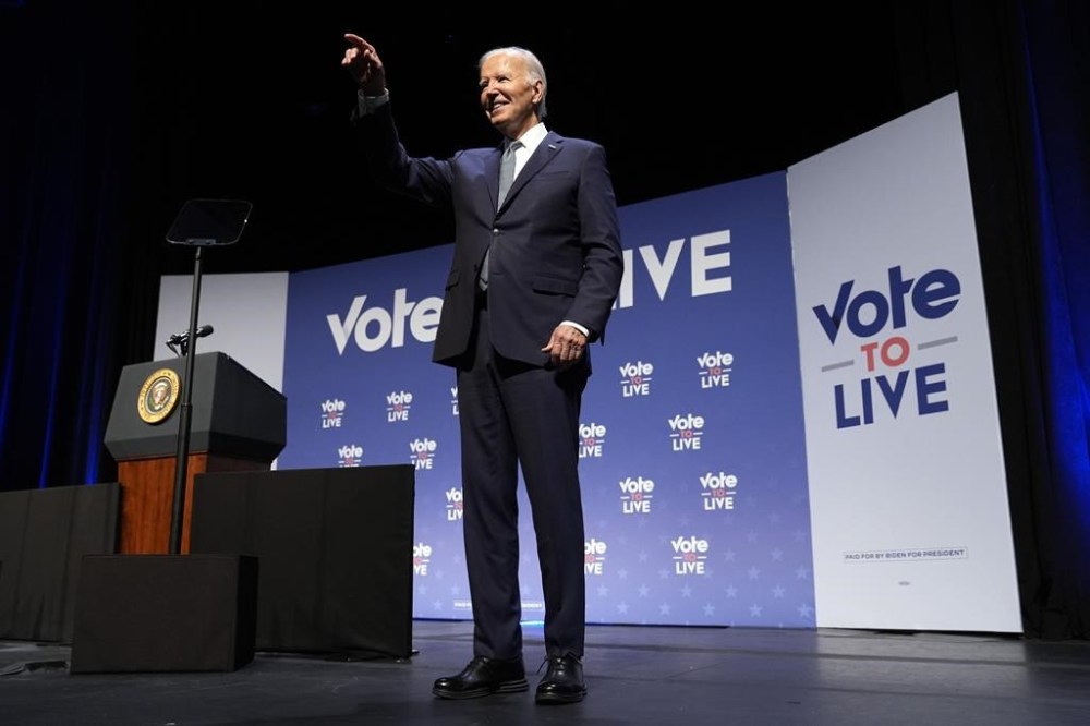 President Joe Biden points after speaking to community leaders at the Vote to Live Action Fund's 2024 Prosperity Summit co-hosted by CBC Chair Rep. Steven Horsford, D-Nev., in North Las Vegas, Nev., Tuesday, July 16, 2024. (AP Photo/Susan Walsh)
