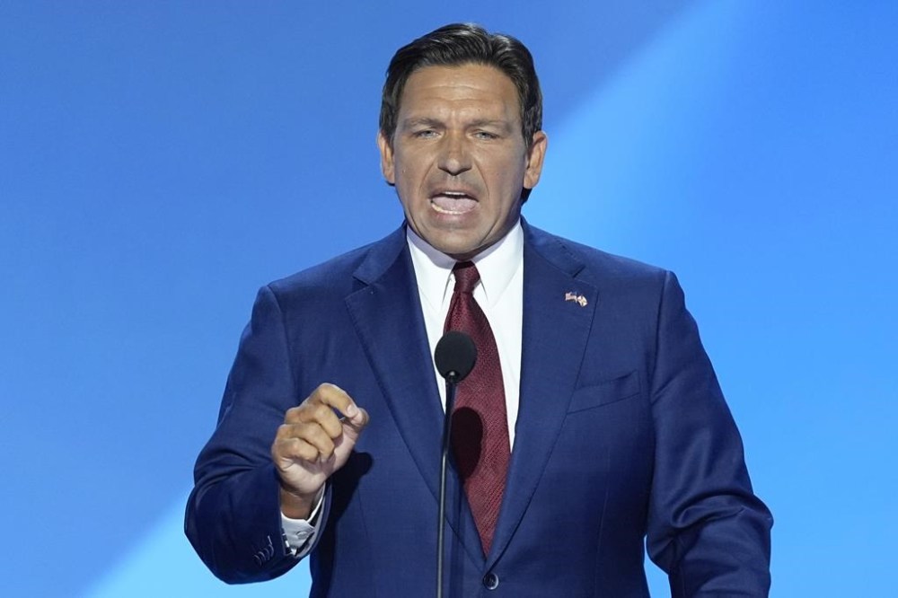 Gov. Ron DeSantis, R-Fla., speaking on the second day of the Republican National Convention on Tuesday, July 16, 2024, in Milwaukee. (AP Photo/J. Scott Applewhite)