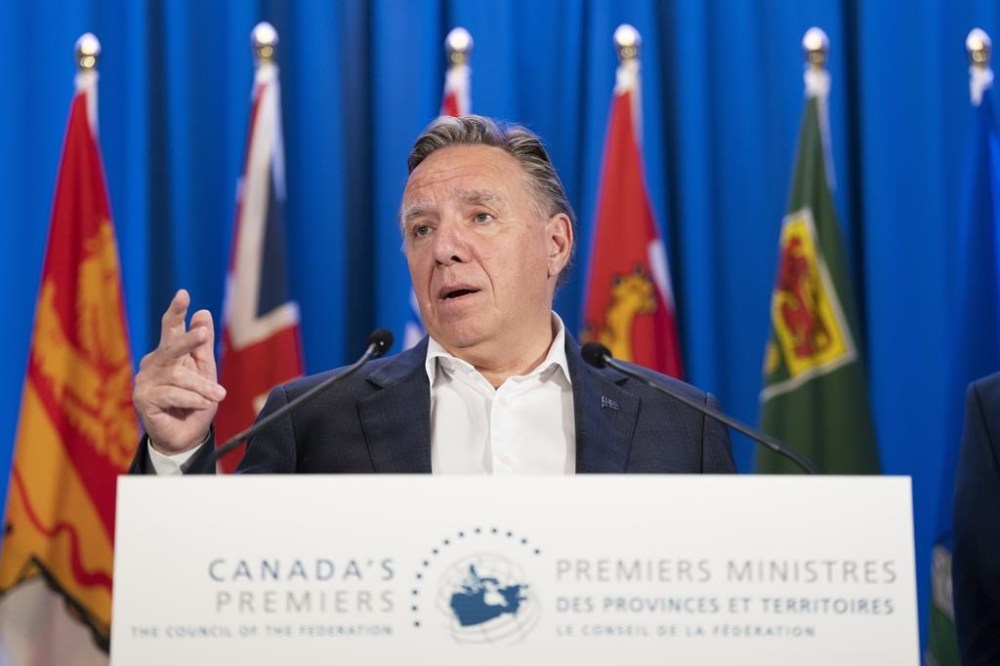 Quebec Premier François Legault speaks to reporters during meetings with Canada's other premiers at the Council of the Federation in Halifax on Tuesday, July 16, 2024. THE CANADIAN PRESS/Darren Calabrese