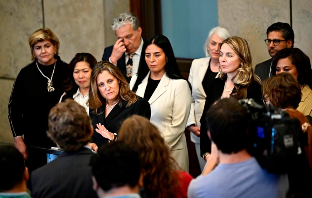 Deputy Prime Minister and Minister of Finance Chrystia Freeland speaks about changes to the capital gains tax inclusion rate, during a news conference on Parliament Hill in Ottawa on June 10, 2024. THE CANADIAN PRESS/Justin Tang