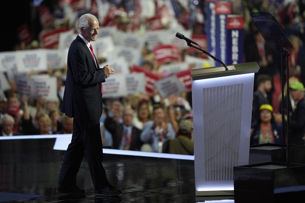 Peter Navarro speaks during the Republican National Convention Wednesday, July 17, 2024, in Milwaukee. (AP Photo/Matt Rourke)