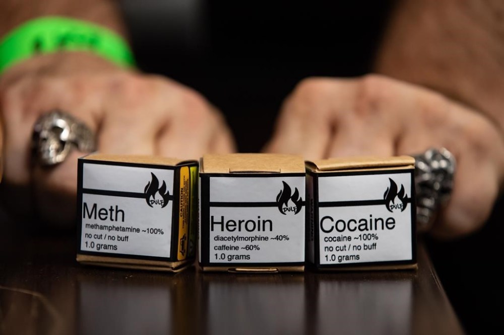 Methamphetamine, heroin and cocaine from a safe supply being handed out to drug users by the Vancouver Area Network of Drug Users, Drug User Liberation Front and Moms Stop the Harm to mark International Overdose Awareness Day, are displayed in the Downtown Eastside of Vancouver, on Tuesday, August 31, 2021. THE CANADIAN PRESS/Darryl Dyck