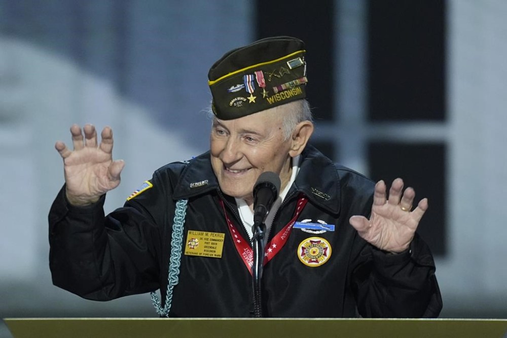 Sergeant William Pekrul speaks during the Republican National Convention on Wednesday, July 17, 2024, in Milwaukee. (AP Photo/J. Scott Applewhite)