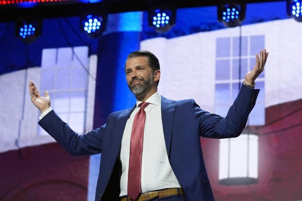 Donald Trump Jr., arrives to speak on third day of the Republican National Convention at the Fiserv Forum, Wednesday, July 17, 2024, in Milwaukee. (AP Photo/Evan Vucci)