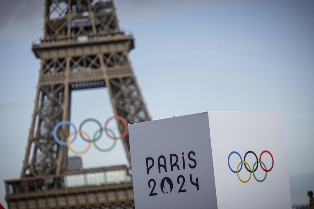 The Olympic rings are seen on the Eiffel Tower, Sunday, July 14, 2024, in Paris. (AP Photo/Aurelien Morissard)