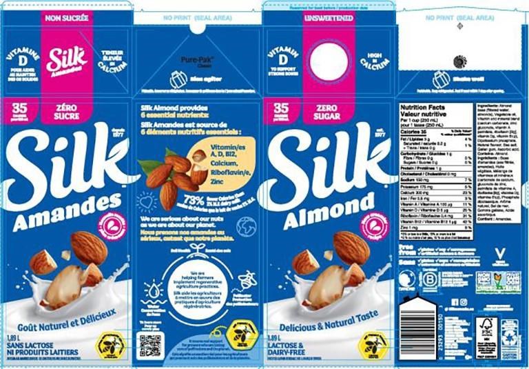 Silk brand almond milk product labels are shown in a government of Canada handout photo. It is one of several plant-based milk products that have been recalled nationally. THE CANADIAN PRESS/HO-Government of Canada **MANDATORY CREDIT**