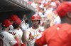 St. Louis Cardinals' Paul Goldschmidt, center, is congratulated after hitting a two-run home run in the first inning of a baseball game against the San Francisco Giants, Saturday June 22, 2024, in St. Louis. (AP Photo/Joe Puetz)