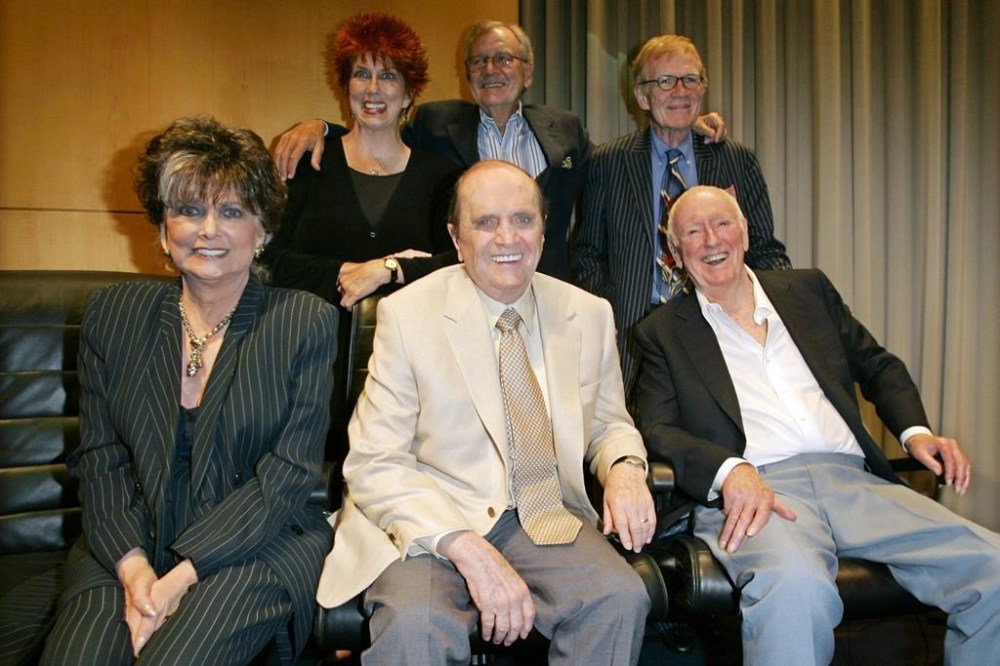 FILE - Bob Newhart, center, poses with members of the cast and crew of the