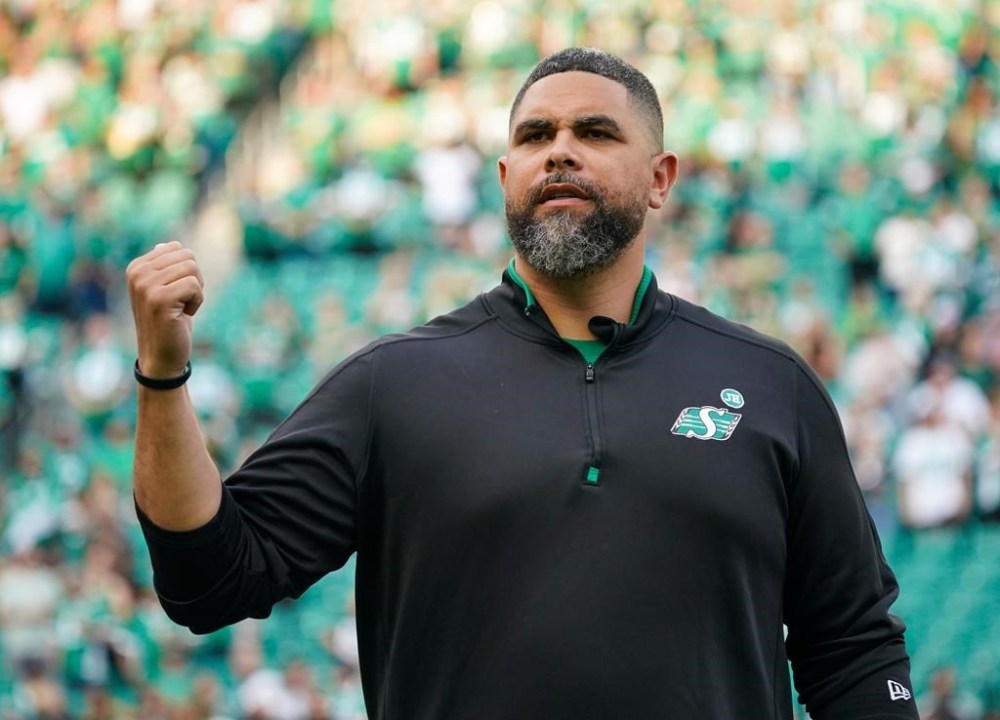 Saskatchewan Roughriders head coach Corey Mace gestures before CFL football action against the Toronto Argonauts in Regina, on July 4, 2024. THE CANADIAN PRESS/Heywood Yu