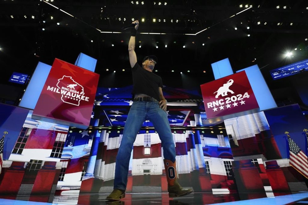 Kid Rock rehearses his performance before during the Republican National Convention Thursday, July 18, 2024, in Milwaukee. (AP Photo/Paul Sancya)