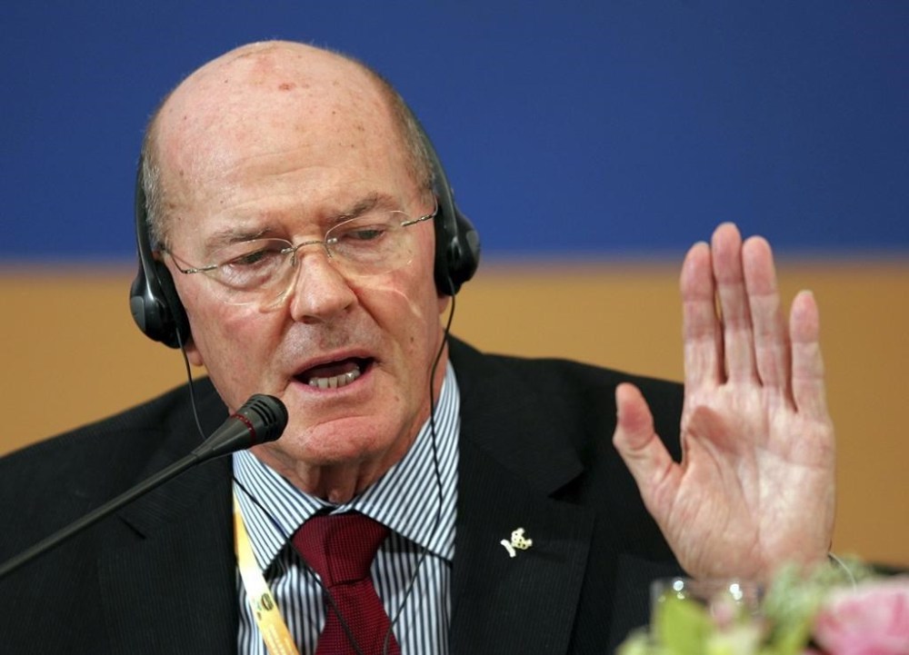 FILE - Senior International Olympic Committee member Kevan Gosper speaks at a news conference in Beijing, April 10, 2008. (AP Photo/Greg Baker, File)