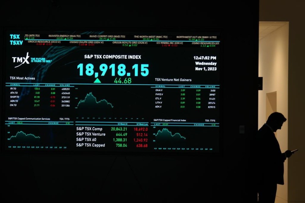 A signboard is displayed at the TMX in Toronto, Wednesday, Nov. 1, 2023. THE CANADIAN PRESS/Chris Young