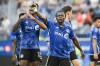 CF Montreal forward Kwadwo Opoku, right, reacts after scoring against the New York Red Bulls during first half MLS soccer action in Montreal on June 19, 2024. THE CANADIAN PRESS/Graham Hughes