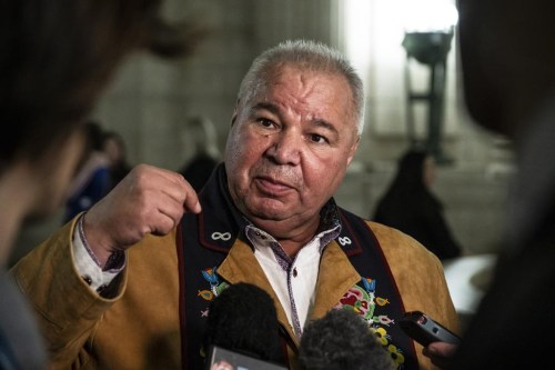 President of the Manitoba Métis Federation David Chartrand speaks to media after the completion of the 43rd Manitoba legislature throne speech at the Manitoba Legislative Building in Winnipeg on Nov. 21, 2023. THE CANADIAN PRESS/Aaron Vincent Elkaim