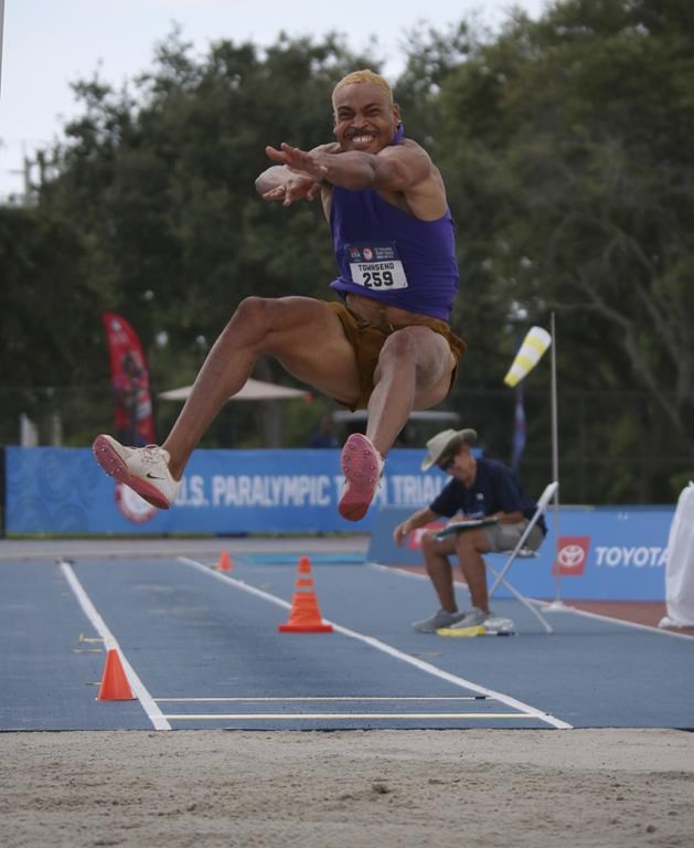 Roderick Townsend competes in the men's long jump at the 2024 U.S. Paralympic Track Team Trials at the Ansin Sports Complex in Miramar, Fla., Friday, July 19, 2024. (AP Photo/Kileigh Kane)