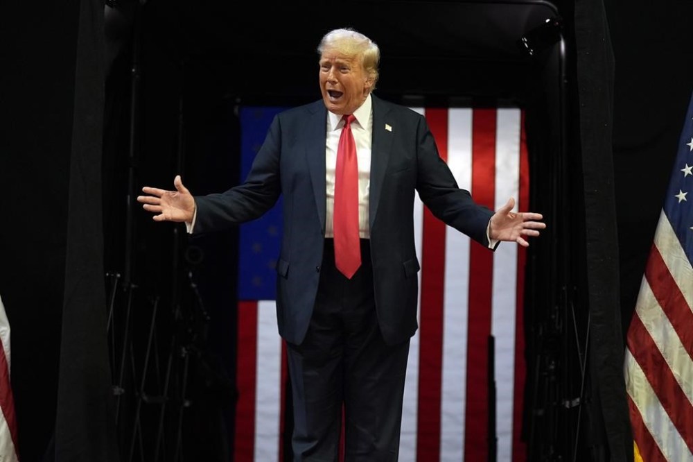 Republican presidential candidate former President Donald Trump arrives at a campaign rally, Saturday, July 20, 2024, in Grand Rapids, Mich. (AP Photo/Evan Vucci)