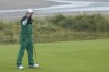 Dean Burmester of South Africa reacts after making a par putt on the fifth green during his third round of the British Open Golf Championships at Royal Troon golf club in Troon, Scotland, Saturday, July 20, 2024. (AP Photo/Jon Super)
