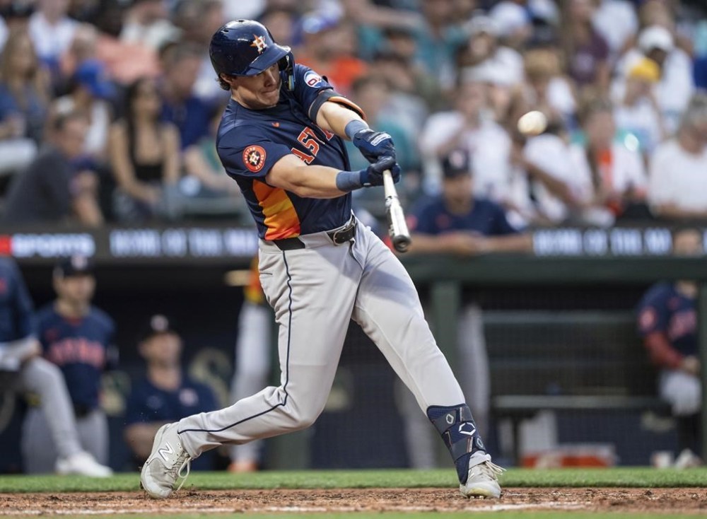 Houston Astros' Jake Meyers hits a two-run home run during the seventh inning of a baseball game against the Seattle Mariners, Saturday, July 20, 2024, in Seattle. (AP Photo/Stephen Brashear)