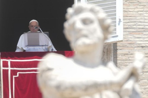 Pope Francis delivers the Angelus noon prayer in St. Peter's Square, at the Vatican, Sunday, July 21, 2024. (AP Photo/Gregorio Borgia)