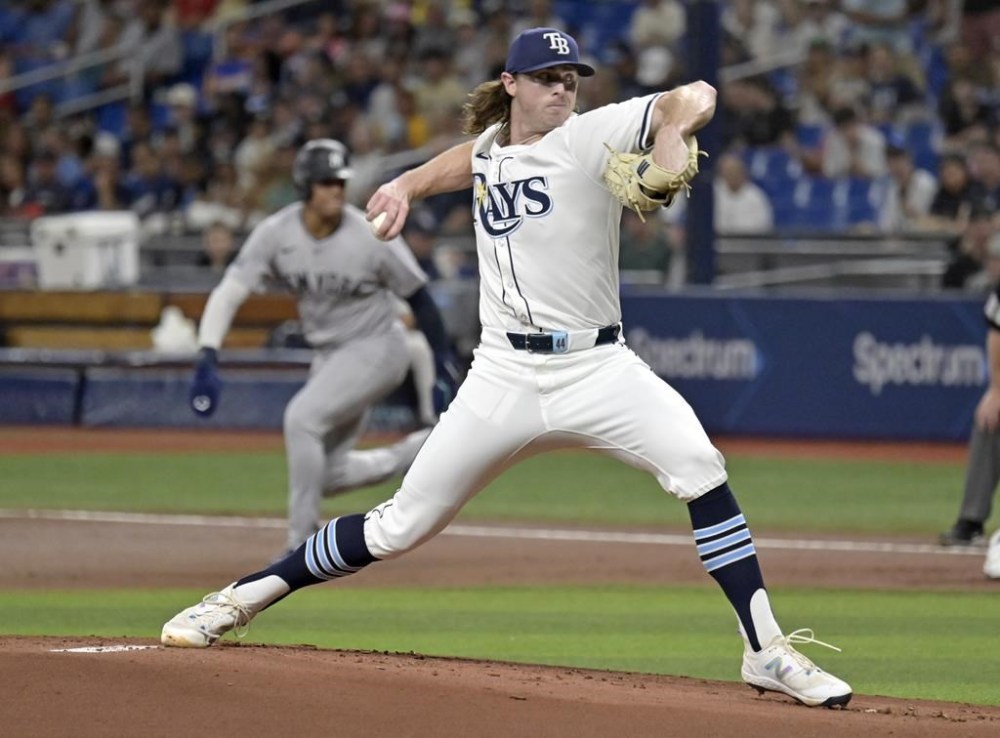 Tampa Bay Rays starter Ryan Pepiot pitches against the New York Yankees during the first inning of a baseball game Tuesday, July 9, 2024, in St. Petersburg, Fla. (AP Photo/Steve Nesius)