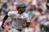 San Francisco Giants' Jorge Soler heads up the first-base line after hitting a solo home run off Colorado Rockies starting pitcher Ryan Feltner in the first inning of a baseball game, Sunday, July 21, 2024, in Denver. (AP Photo/David Zalubowski)