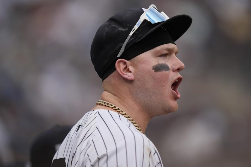 New York Yankees' Alex Verdugo yells at an umpire from the dugout after he struck out during the sixth inning of a baseball game against the Tampa Bay Rays at Yankee Stadium Sunday, July 21, 2024, in New York. (AP Photo/Seth Wenig)