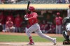 Los Angeles Angels' Anthony Rendon hits a single during the first inning of a baseball game against the Oakland Athletics in Oakland, Calif., Sunday, July 21, 2024. (AP Photo/Jeff Chiu)