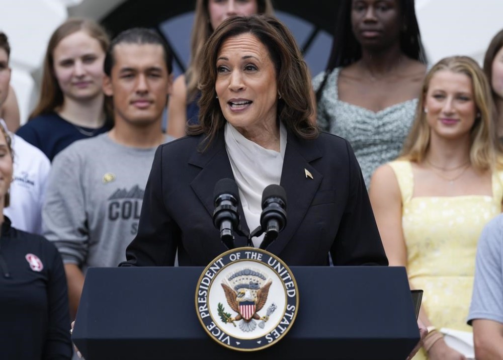 Vice President Kamala Harris speaks from the South Lawn of the White House in Washington, Monday, July 22, 2024, during an event with NCAA college athletes. This is her first public appearance since President Joe Biden endorsed her to be the next presidential nominee of the Democratic Party. (AP Photo/Susan Walsh)
