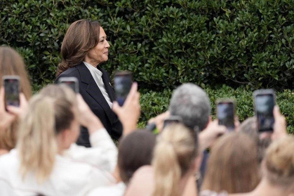 Vice President Kamala Harris arrives to speak from the South Lawn of the White House in Washington, Monday, July 22, 2024, during an event with NCAA college athletes. This is her first public appearance since President Joe Biden endorsed her to be the next presidential nominee of the Democratic Party. (AP Photo/Alex Brandon)