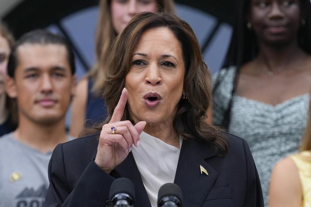 Vice President Kamala Harris speaks from the South Lawn of the White House in Washington, Monday, July 22, 2024, during an event with NCAA college athletes. This is her first public appearance since President Joe Biden endorsed her to be the next presidential nominee of the Democratic Party. (AP Photo/Susan Walsh)
