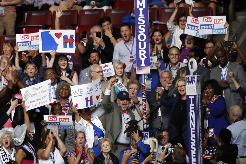 FILE - The delegates form Missouri cast their votes for President of the Unites States at the Democratic National Convention in Philadelphia , July 26, 2016. President Joe Biden's withdrawal Sunday, July 21, 2024, from his reelection bid and endorsement of Vice President Kamala Harris to take on former President Donald Trump in November has scrambled what had once been a settled and suspense-free contest for the Democratic presidential nomination. His exit from the race means those delegates who decide the nominee must now find a new candidate to support. (AP Photo/Mary Altaffer, File)