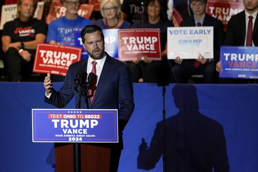 Republican vice presidential candidate Sen. JD Vance, R-Ohio, speaks at a campaign rally at Middletown High School, Monday, July 22, 2024, in Middletown, Ohio. (AP Photo/Julia Nikhinson)