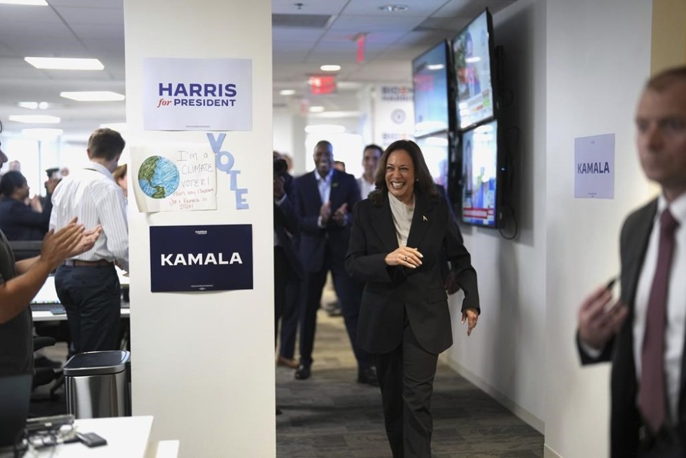 Vice President Kamala Harris arrives at campaign headquarters in Wilmington, Del., on Monday, July 22, 2024. (Erin Schaff/The New York Times via AP, Pool)