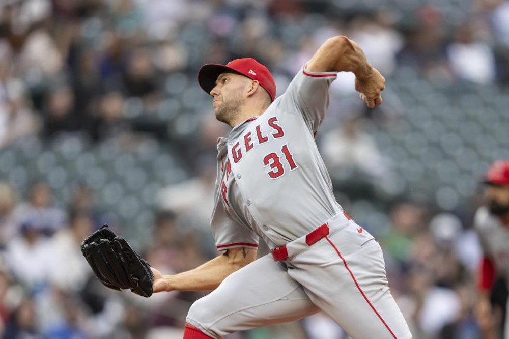 Los Angeles Angels starter Tyler Anderson delivers a pitch during the second inning of a baseball game against the Seattle Mariners, Monday, July 22, 2024, in Seattle. (AP Photo/Stephen Brashear)