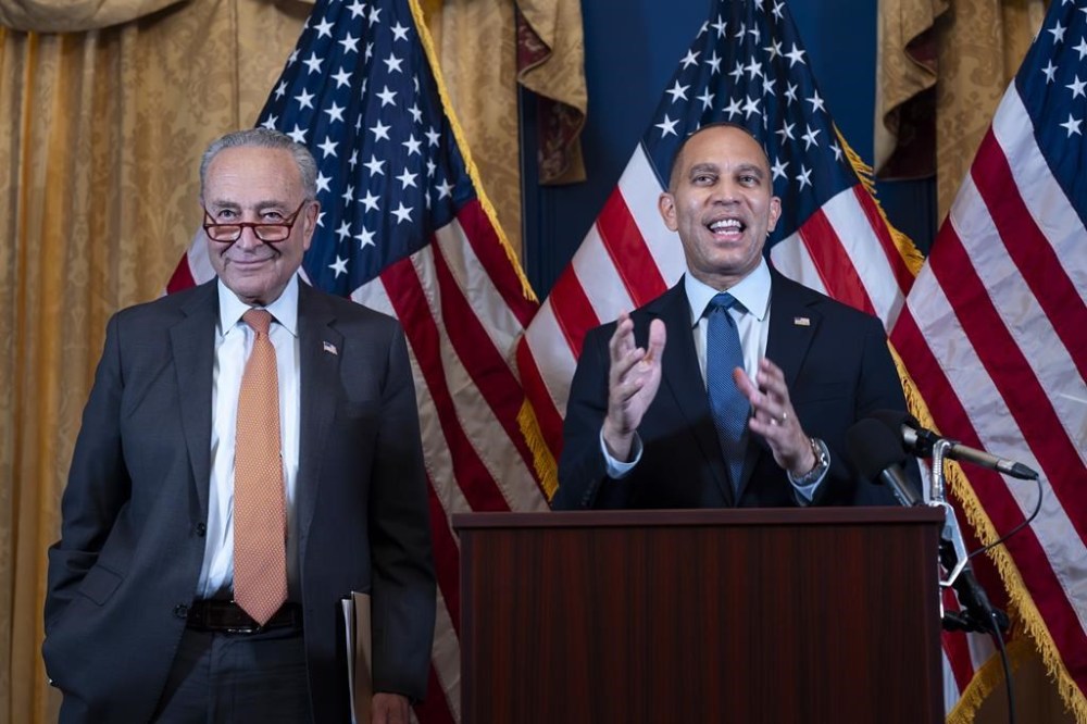 Senate Majority Leader Chuck Schumer, D-N.Y., left, and House Minority Leader Hakeem Jeffries, D-N.Y., the top Democrats in Congress, endorse Vice President Kamala Harris for president as they speak to reporters at the Democratic Senatorial Campaign Committee on Capitol Hill in Washington, Tuesday, July 23, 2024. (AP Photo/J. Scott Applewhite)